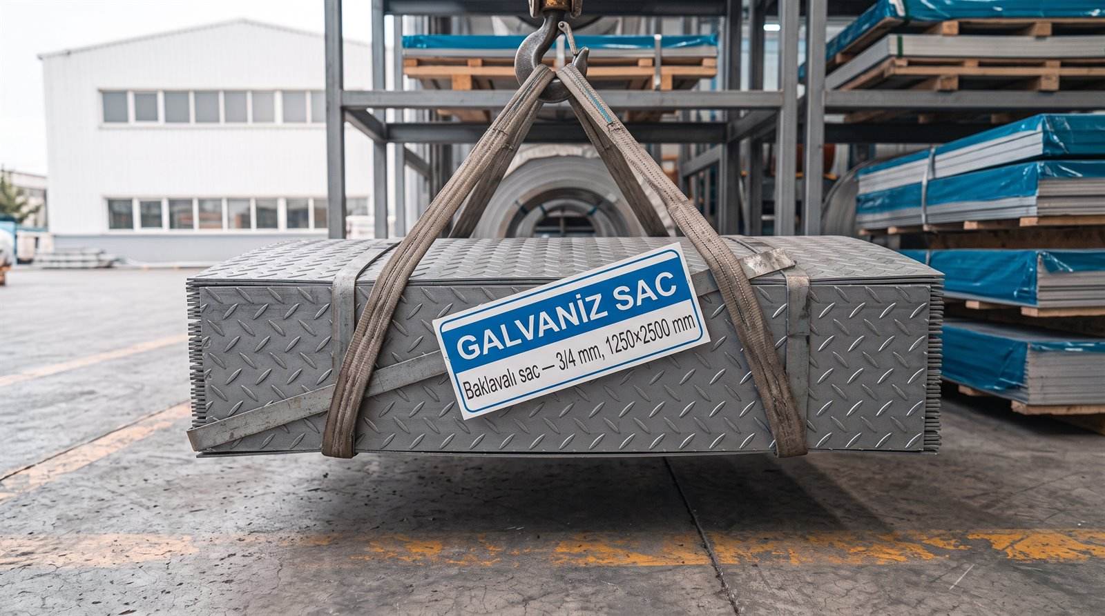 Baklavalı sac 3/4 mm, 1250×2500 mm — servis merkezinde yakın çekim