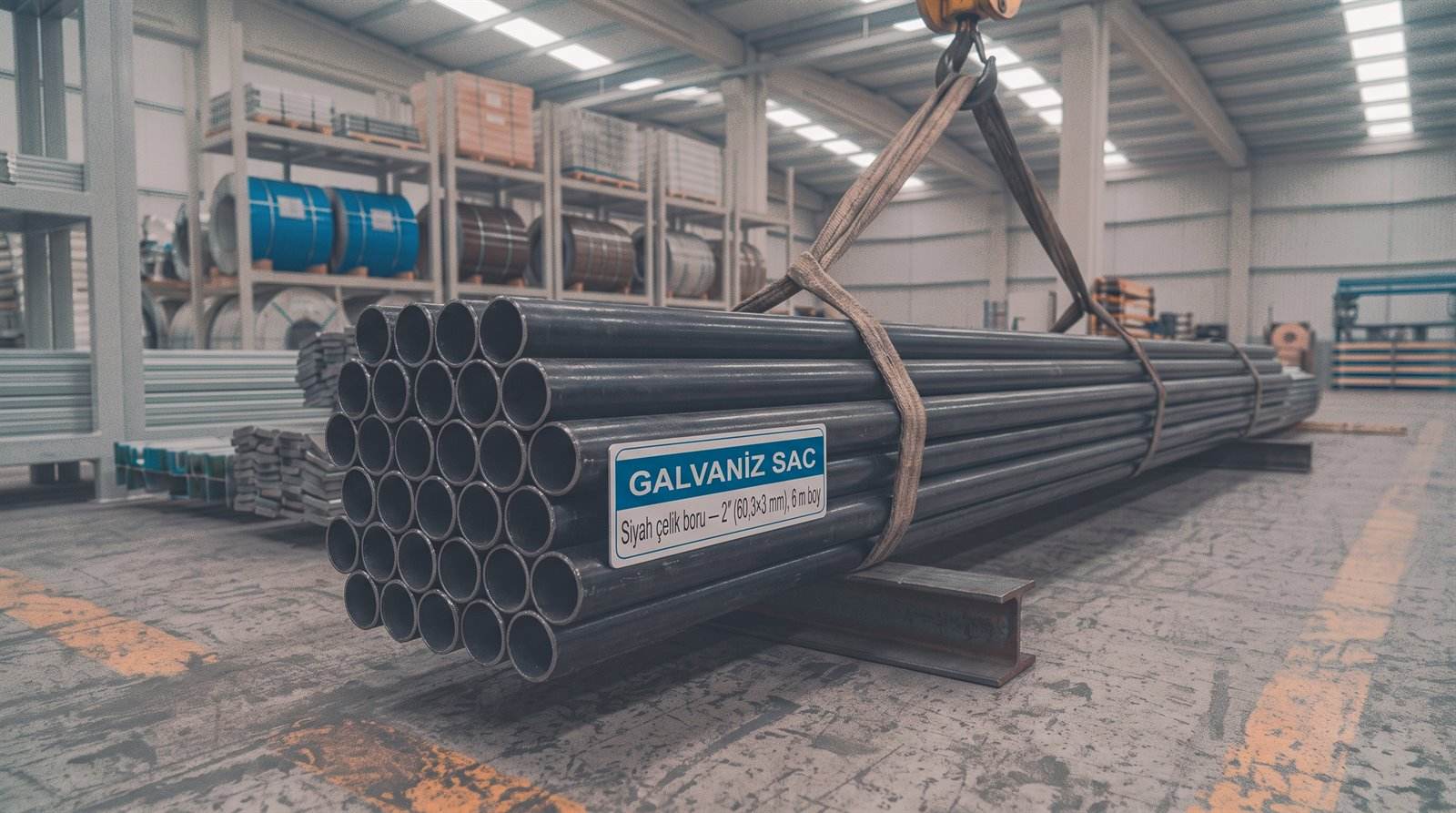 Siyah çelik boru 2" (60,3×3 mm), 6 m boy — servis merkezinde yakın çekim