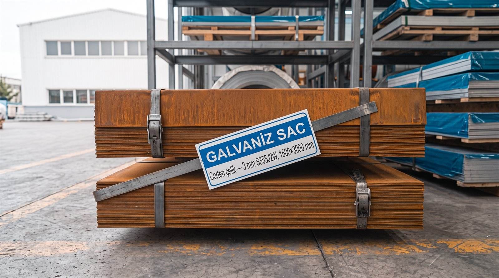 Corten çelik 3 mm S355J2W, 1500×3000 mm — servis merkezinde yakın çekim