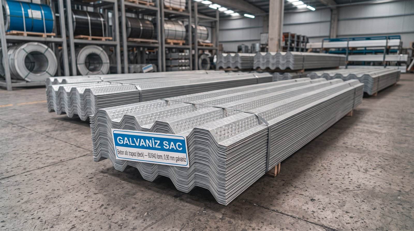 Beton altı trapez (deck) 60/940 form, 0,90 mm galvaniz — servis merkezinde yakın çekim