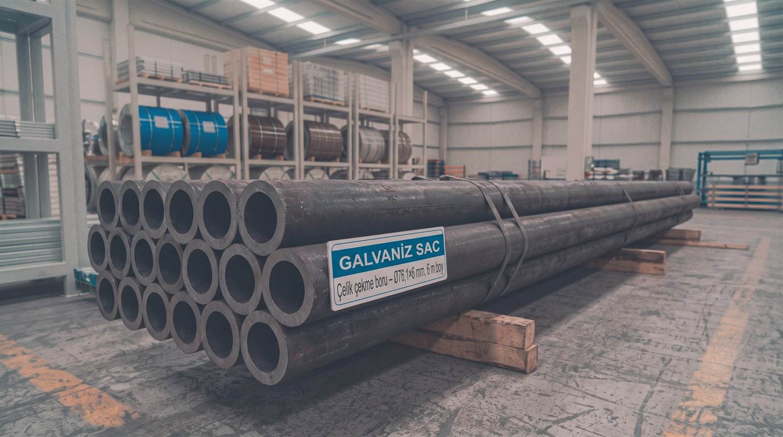 Çelik çekme boru Ø76,1×6 mm, 6 m boy — servis merkezinde yakın çekim