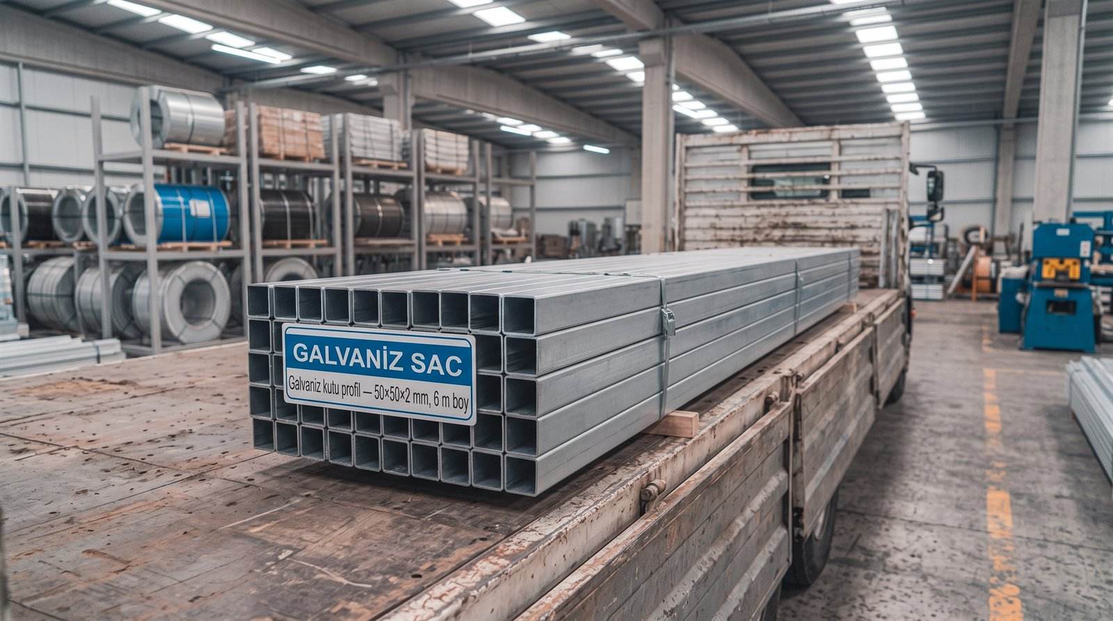 Galvaniz kutu profil 50×50×2 mm, 6 m boy — servis merkezinde yakın çekim