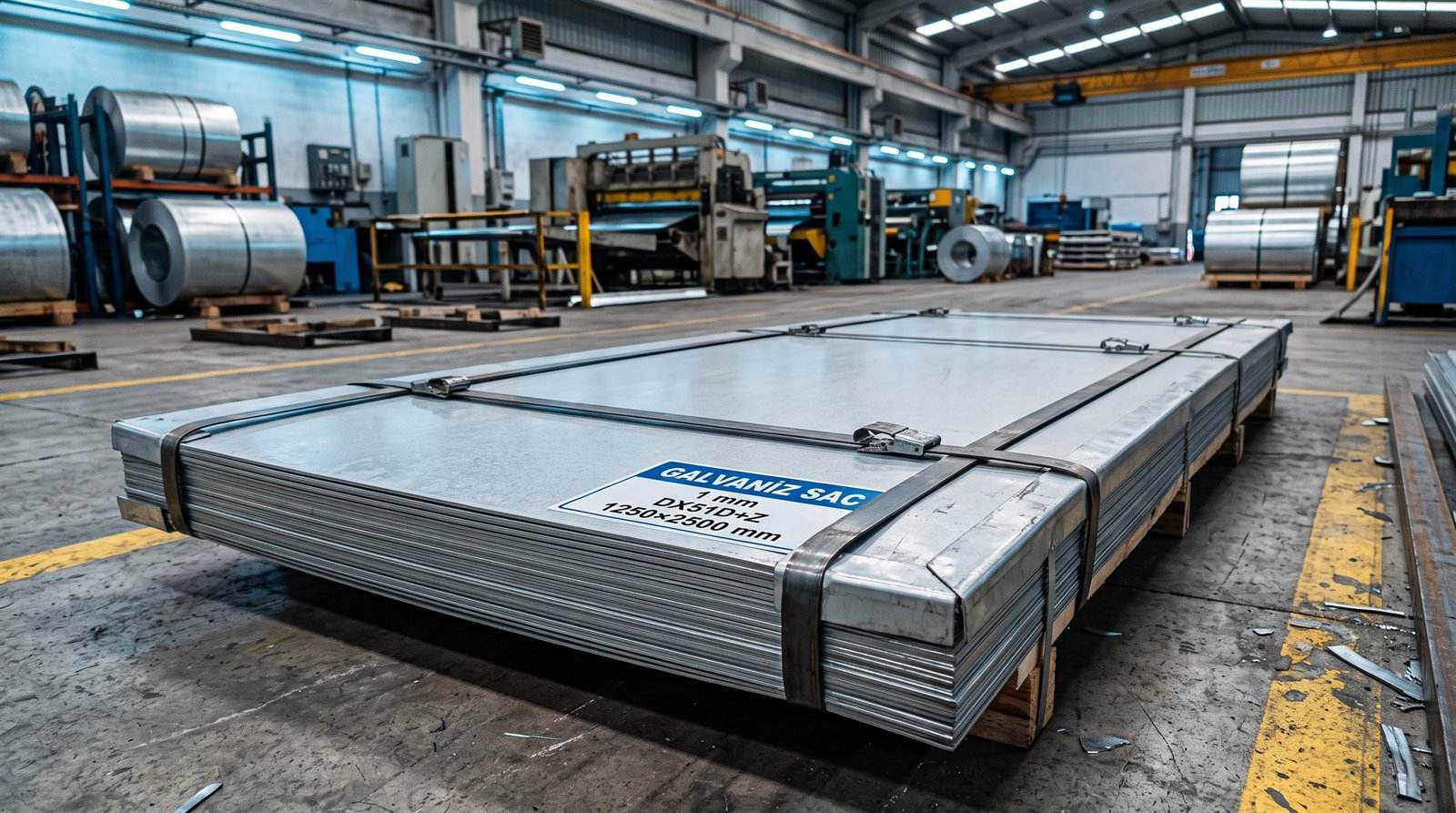 Galvaniz sac 1 mm DX51D+Z, 1250×2500 mm — servis merkezinde yakın çekim