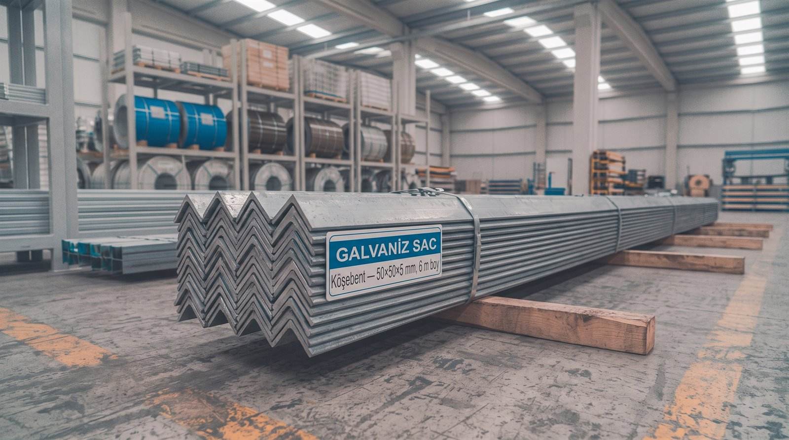 Köşebent 50×50×5 mm, 6 m boy — servis merkezinde yakın çekim