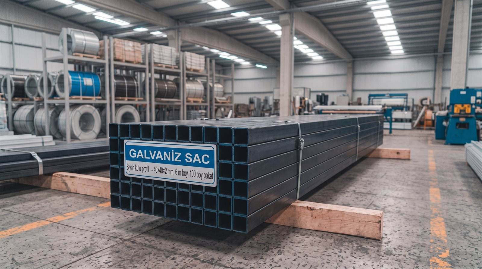 Siyah kutu profil 40×40×2 mm, 6 m boy, 100 boy paket — servis merkezinde yakın çekim