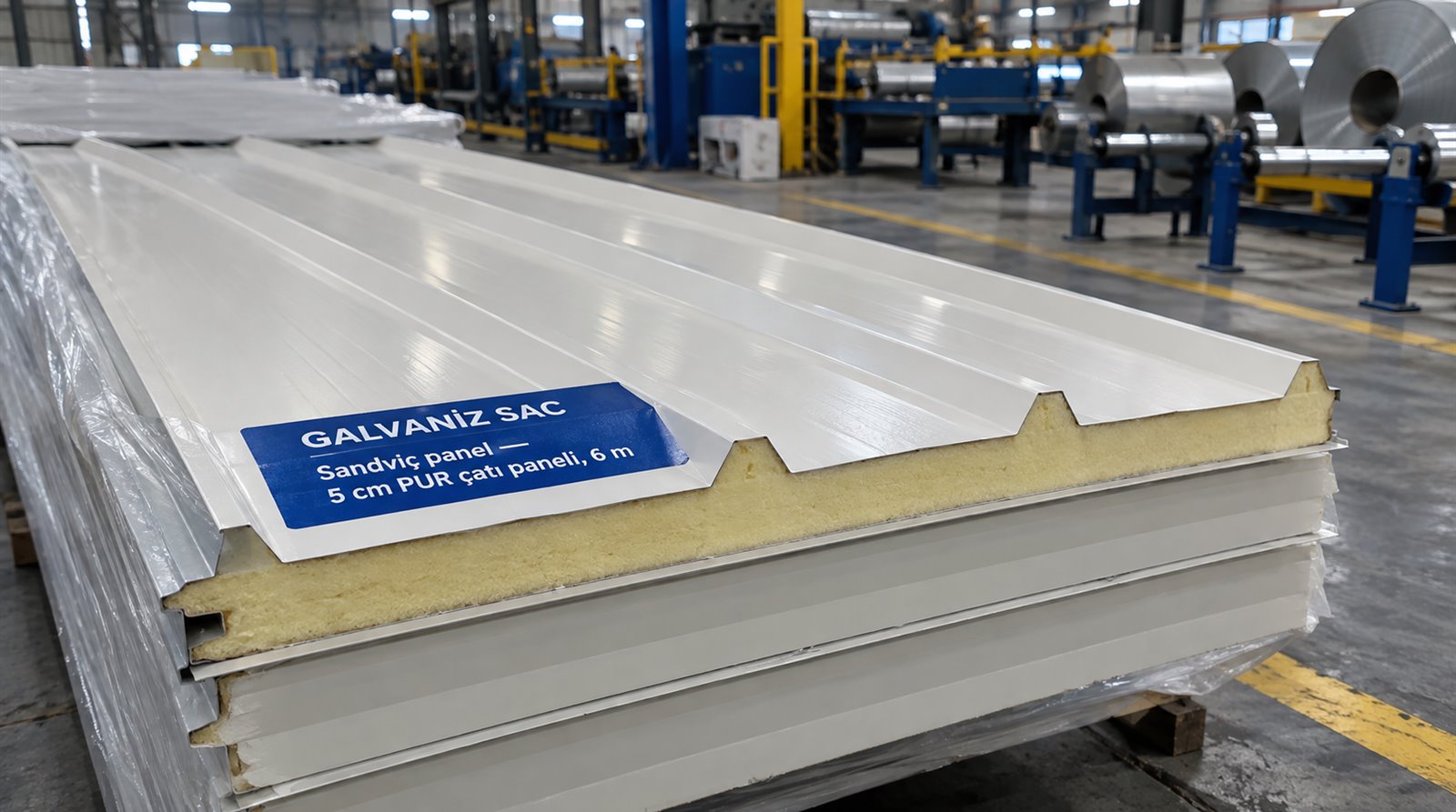 Sandviç panel 5 cm PUR çatı paneli, 6 m — servis merkezinde yakın çekim