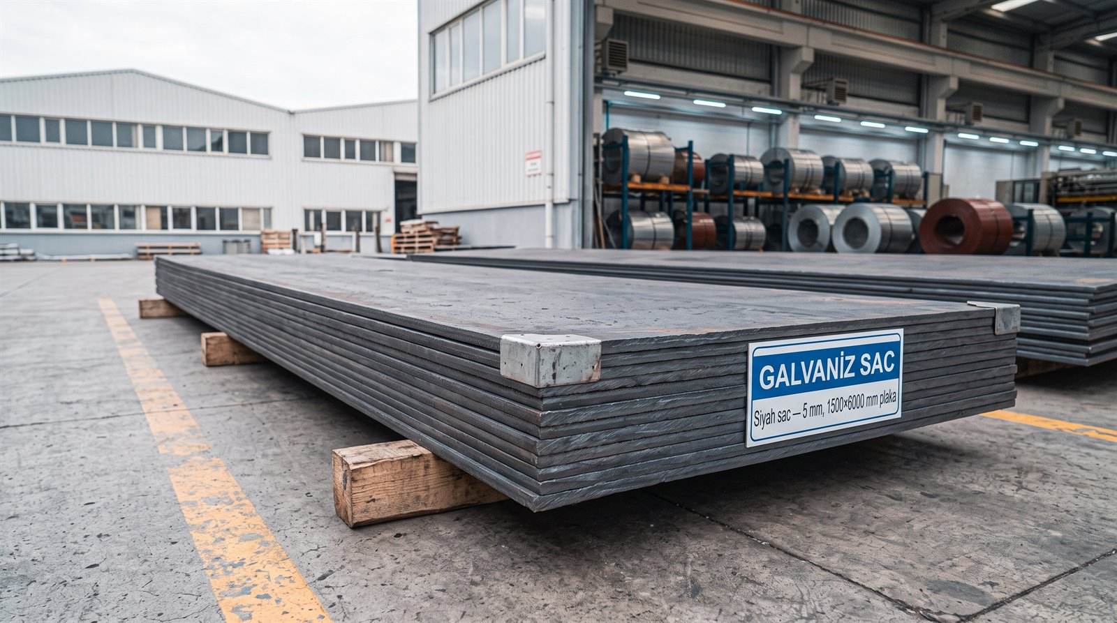 Siyah sac 5 mm, 1500×6000 mm plaka — servis merkezinde yakın çekim